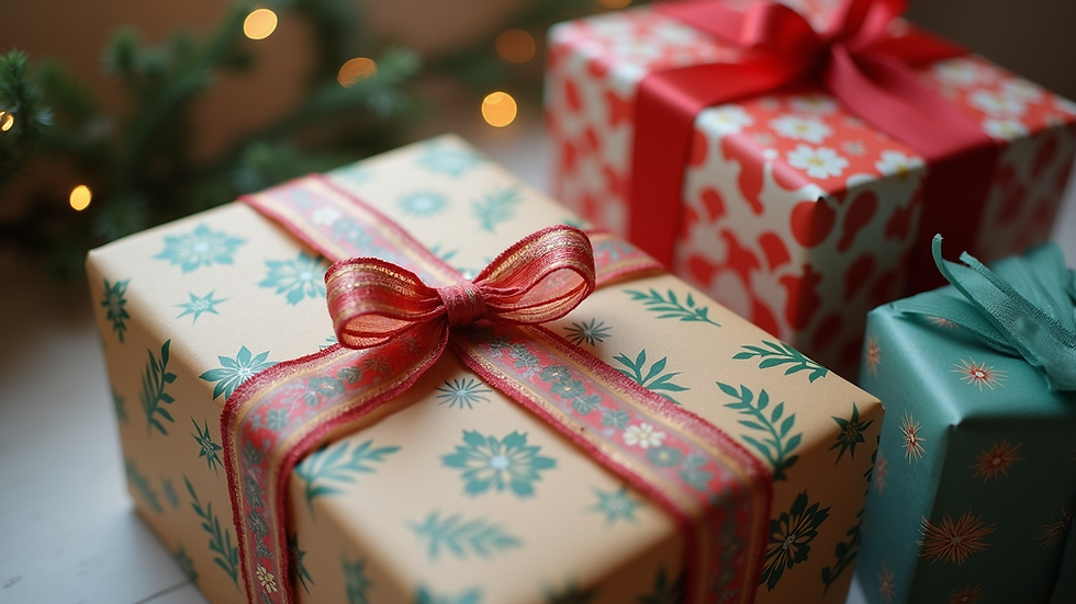 High angle view of a gift wrapped in colorful paper with a ribbon