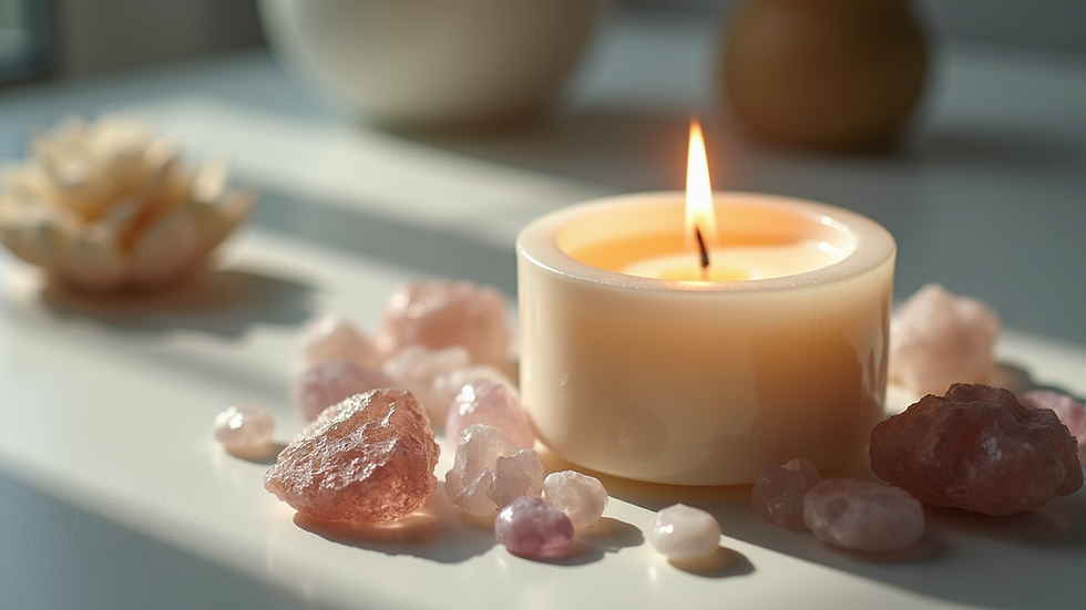 Close-up view of a soothing scented candle surrounded by crystals