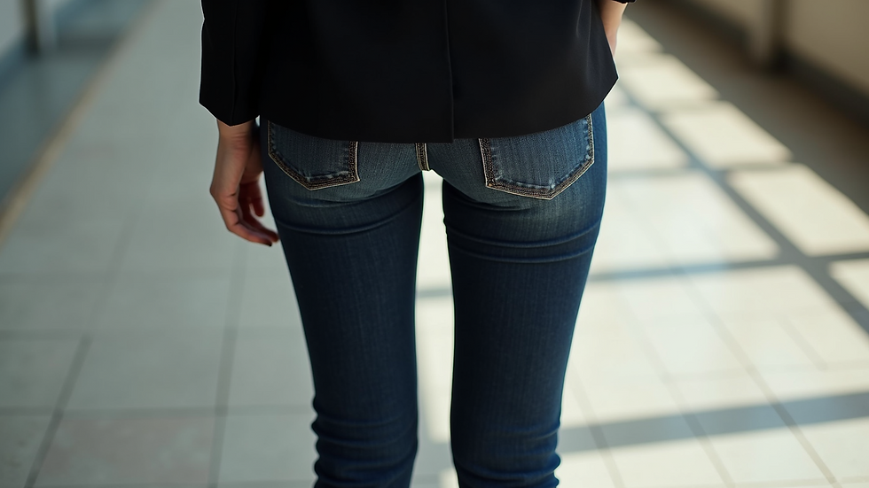 High angle view of a pair of dark wash jeans paired with a blazer and heels