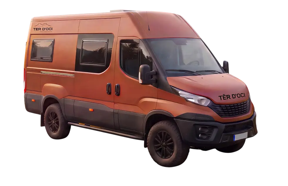 Studio photography of a copper-colored camper van isolated on a black background. The vehicle features a rugged, modern design set against a clean, uncluttered space.