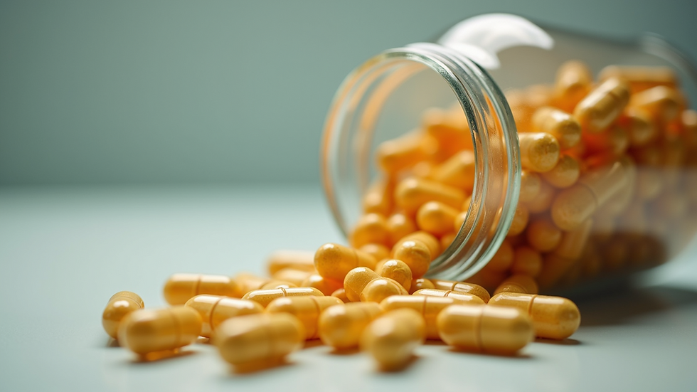 Close-up view of probiotic capsules spilling from a glass jar