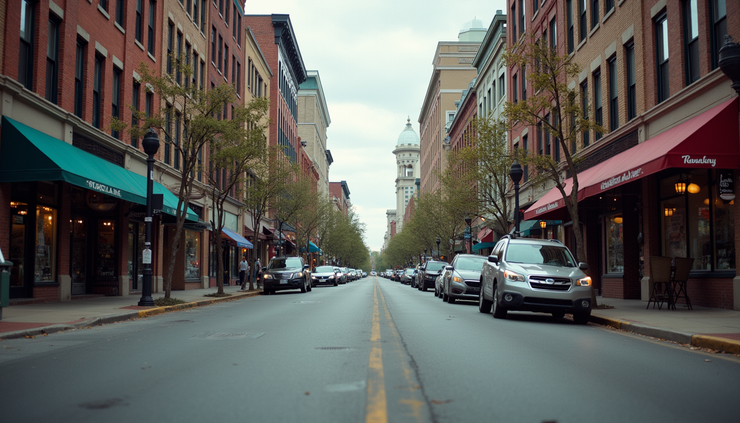 Eye-level view of a busy Charlotte street with small shops and local businesses