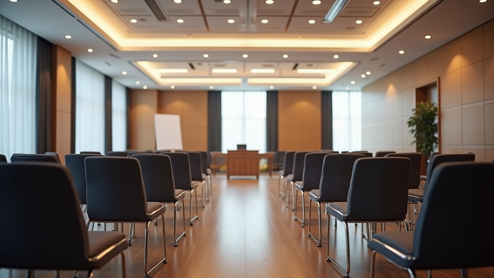 Eye-level view of a conference room set up for an insurance educational event