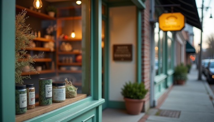 Close-up view of a storefront with eco-friendly signage and local products in Charlotte