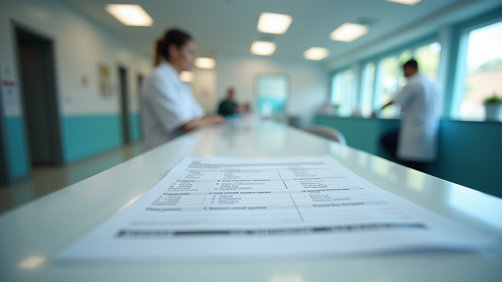 Eye-level view of a hospital reception desk with insurance forms