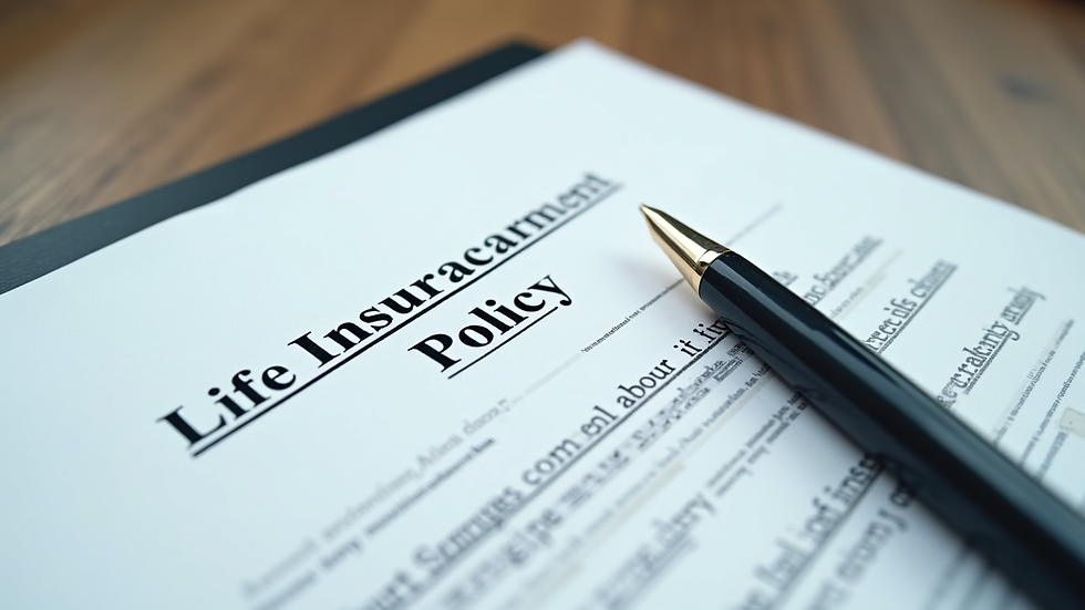 Close-up view of a life insurance policy document and pen on a desk