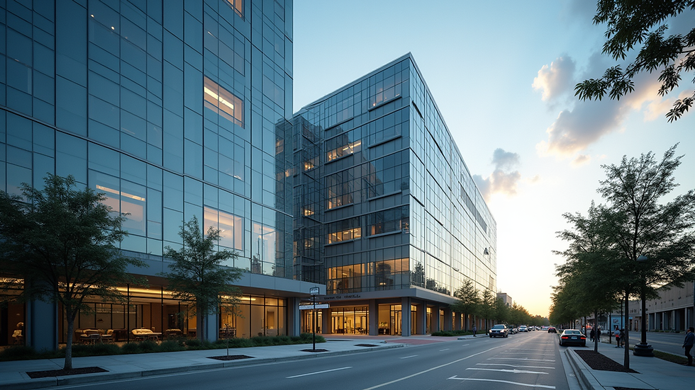 Eye-level view of a modern office building in Charlotte