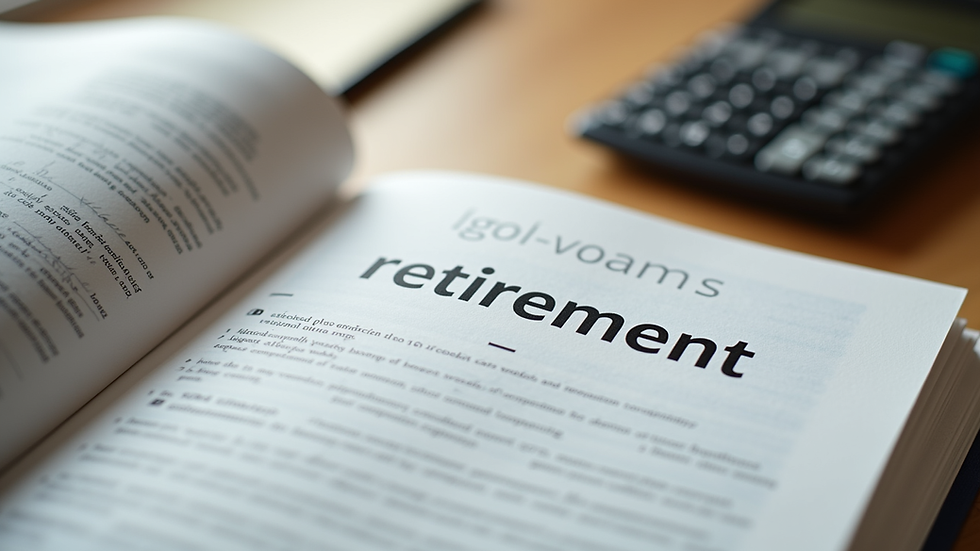 Eye-level view of a retirement planning book and calculator on a wooden table