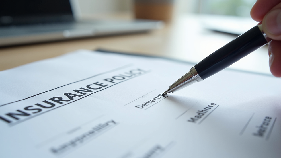 Close-up view of insurance policy documents and a pen on a desk
