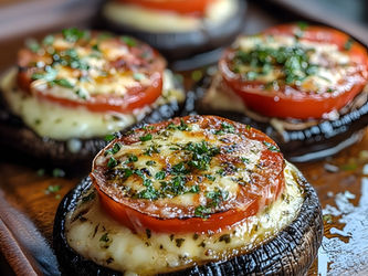 Grilled portobello mushrooms topped with melted cheese, tomato slices, and herbs on a wooden tray, creating a savory, appetizing look.