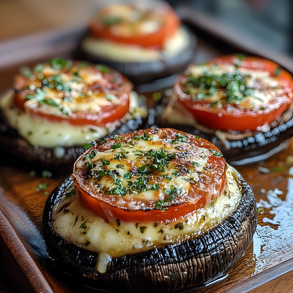 Grilled portobello mushrooms topped with melted cheese, tomato slices, and herbs on a wooden tray, creating a savory, appetizing look.