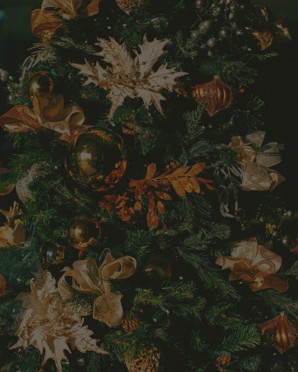Ivory and gold ornaments and dried florals on a deep green tree in low light