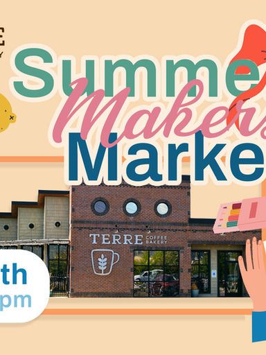 A graphic of the Terre Coffee & Bakery's building with the summer maker market title and date sept 7th 12 - 5 pm.