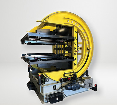 Yellow all-electric inversion system called "Packman," designed for handling materials like steel blanks and aluminum slabs.