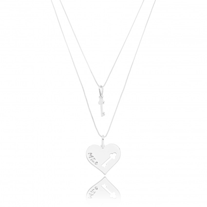 Colar Mãe e Filha Coração e Chave - Ródio Branco