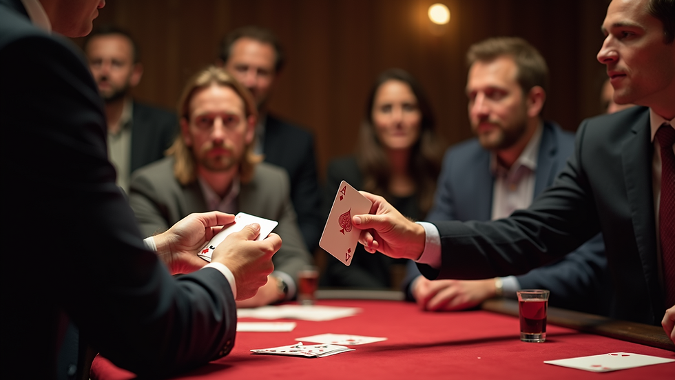 Eye-level view of a magician performing a card trick for an engaged audience