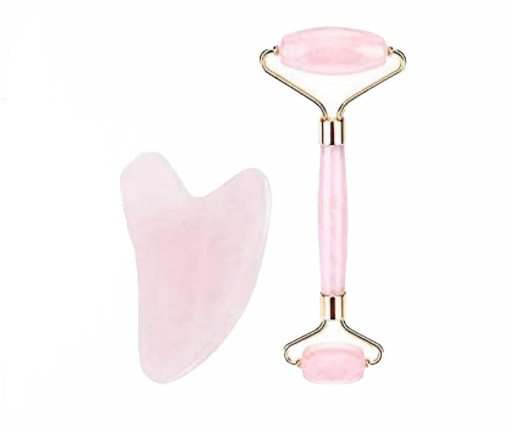 Rodillo y Gua Sha de cuarzo rosa, para masaje facial