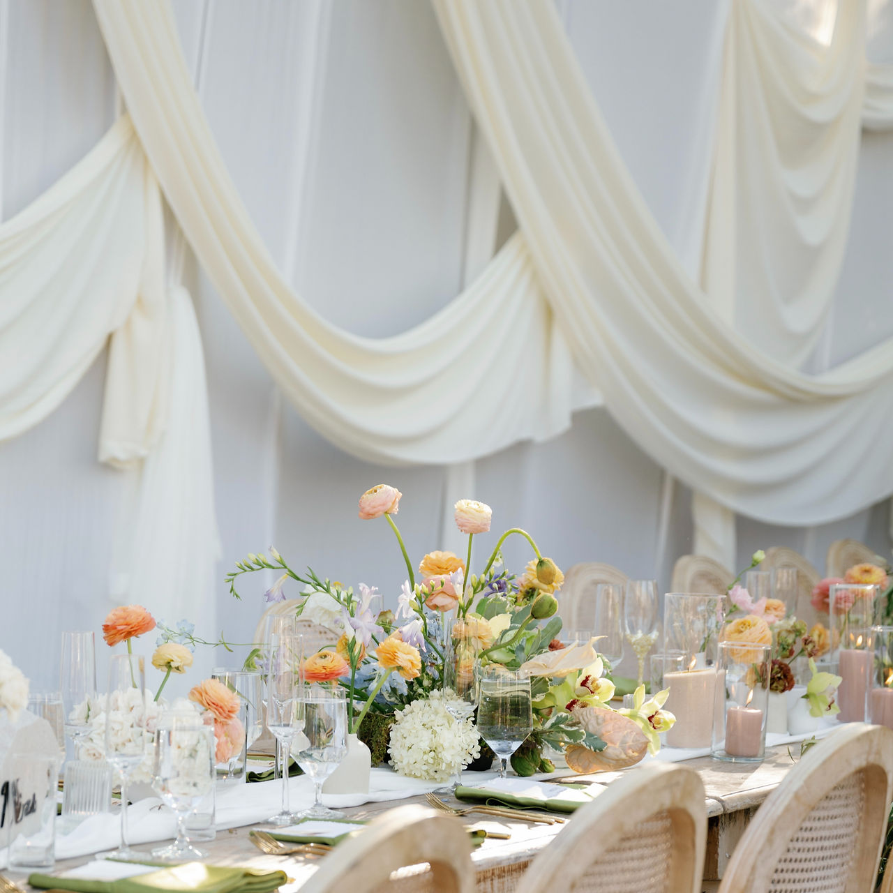 A luxury wedding tablescape with a draped background, flowers on the tables, and expensive cane chairs
