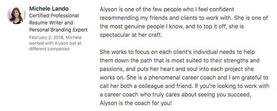 Michele Lando is an advocate frequently referring her personal branding clients to Alyson for Career Coaching.