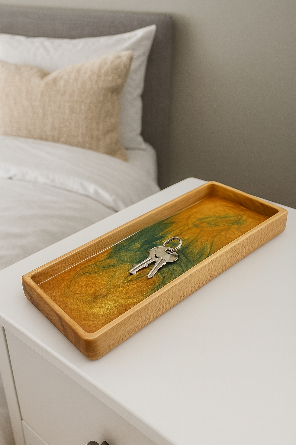 Handcrafted poplar wood valet box with metallic green and orange epoxy base, designed for organizing everyday essential