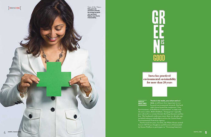 Photograph of a person in a white blazer holding a large green plus sign, symbolizing environmental sustainability. Text on a green background reads "Green is Good" and highlights Inova's commitment to environmental sustainability for over 20 years.