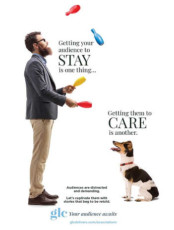 Photograph of a man juggling colorful pins with a dog sitting attentively nearby, illustrating the concept of audience engagement. Text emphasizes the challenge of keeping an audience's attention versus making them care, with a call to captivate audiences through compelling stories, accompanied by a website link and logo at the bottom.