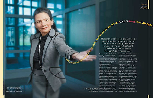 Photograph of a person in a gray blazer extending their hand, with a digital DNA strand and text overlay explaining research on genetic markers in acute leukemia for prognosis and treatment decisions. The DNA strand is highlighted in yellow and red, emphasizing gene sequences, while the text details the study's focus on cytogenetically normal AML and its clinical implications.