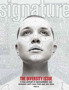 Magazine cover featuring a grayscale photograph of a person's head and neck with diverse identity-related words like "Asian," "Hispanic," "Disabled," and "Neurodivergent" surrounding it in various fonts. The cover highlights "THE DIVERSITY ISSUE" in bold red text, emphasizing representation and inclusion, with a subtitle noting the importance of multiple voices on page 20.
