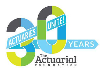 Logo design celebrating 30 years of The Actuarial Foundation, featuring a large, colorful "30" composed of segmented blue, green, and gray shapes. The words "ACTUARIES UNITE!" are displayed across the numbers, with "YEARS" extending from the zero, emphasizing a milestone anniversary.