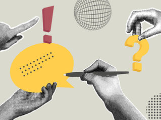 Four hands gesture with punctuation and work balloons on a taupe background