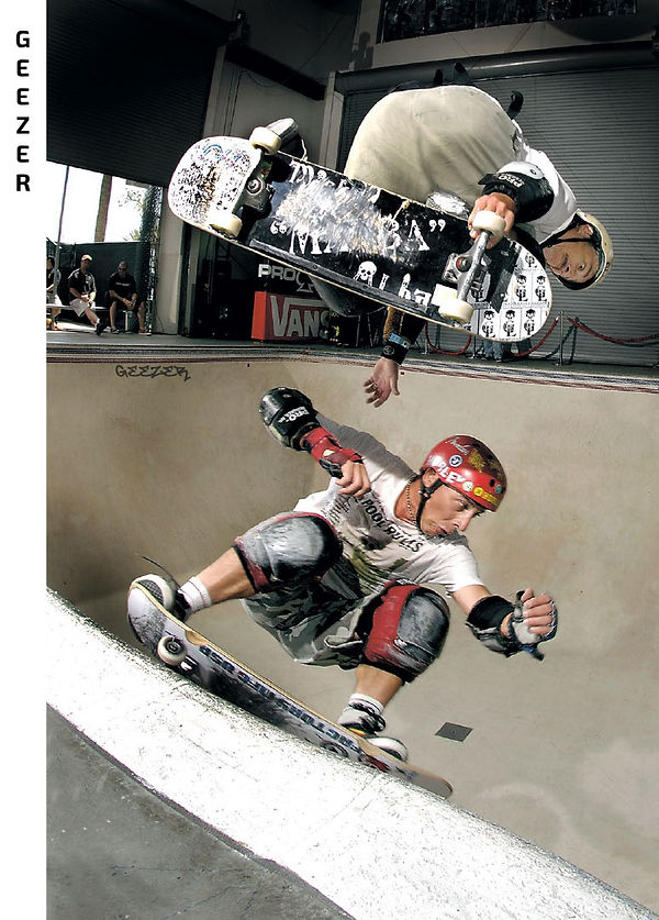 Two men riding skateboards on the cover of Geezer Magazine