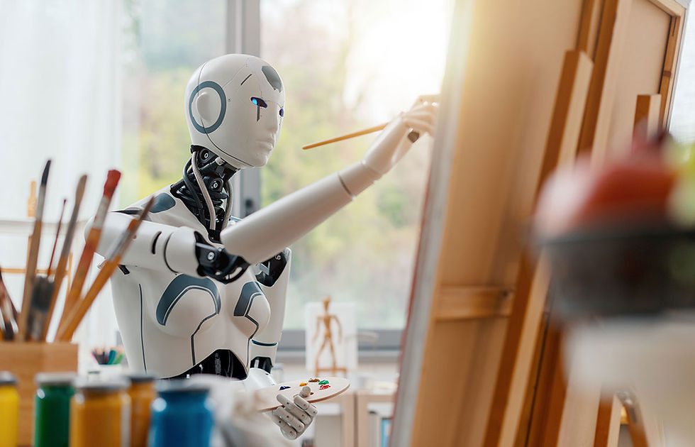 A robot paints at a canvas on an easel
