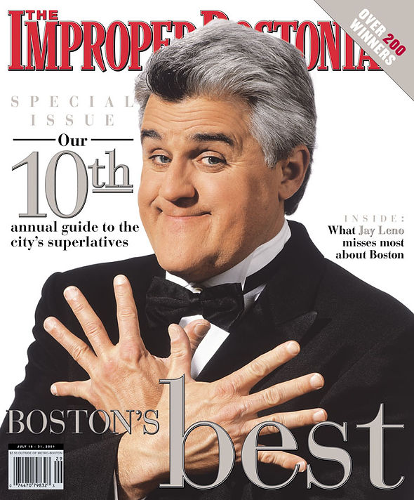 Magazine cover featuring a man in a black tuxedo with hands crossed over chest, promoting a special 10th annual guide to Boston's superlatives. Bold red and gray text highlights "Boston's best" and mentions an inside feature on what Jay Leno misses most about Boston, with a banner noting over 200 winners.