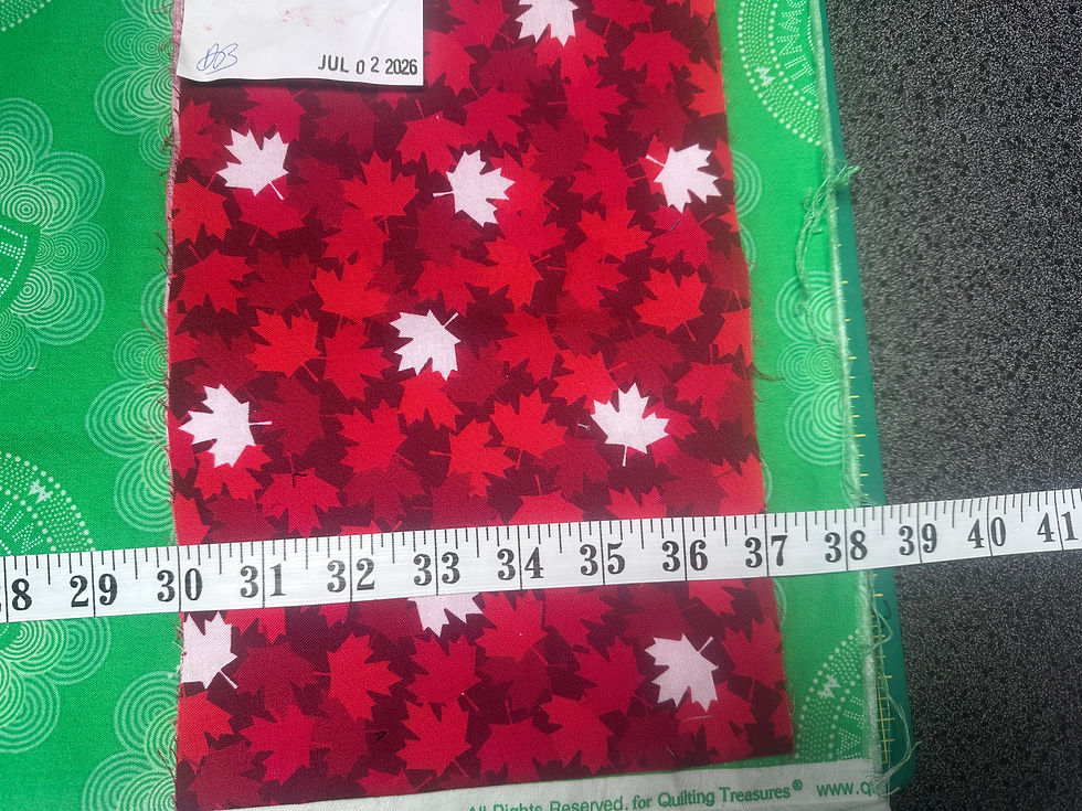Red maple-leaf fabric swatch on green backing, measured with a tape showing 28–41 and stamped JUL 02 2026.
