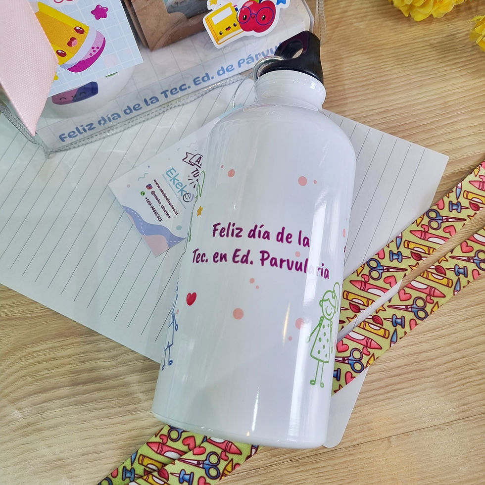 Miniatura: Cartera con taza de vidrio o botella  y chocolates Día de la Técnico en Párvulos