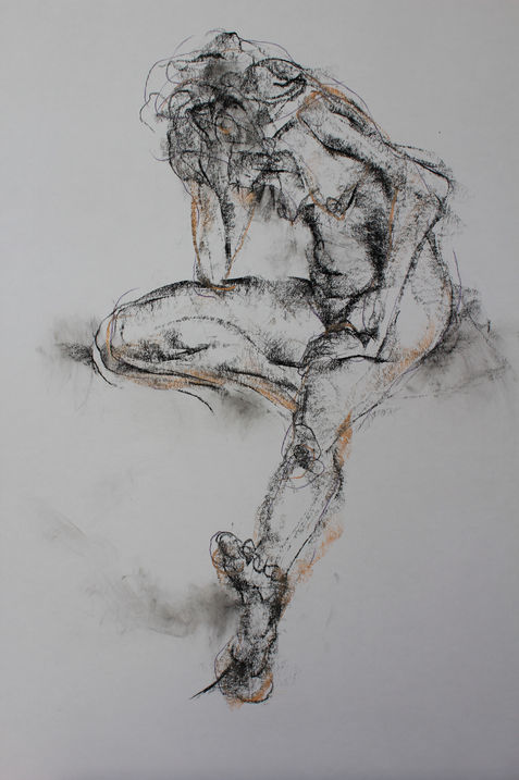 Charcoal drawing of a woman sitting with her head on her right hand and her left leg stretched forwards, black and white, with hints of flesh colour and purple