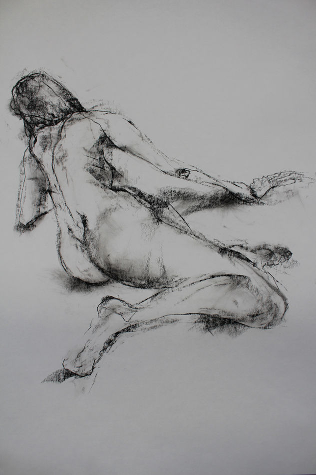 A black and white charcoal drawing of a woman in side sitting