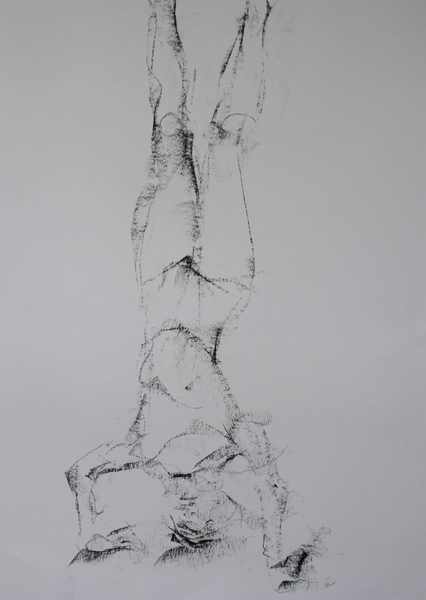A black and white charcoal drawing of a woman doing a headstand