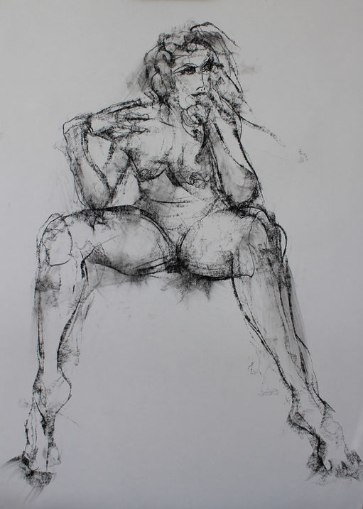 A black and white charcoal drawing of a woman sitting
