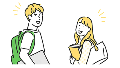大学生講師のイラスト:「StepWith」の講師は全員広大生!子どもたちと年齢の近い大学生だから、「分からない」って言いやすい環境です。日常生活の悩みや進路などの、勉強以外の相談もOK ! 大学生が子どもたちの目標や思いにとことん寄り添います。
