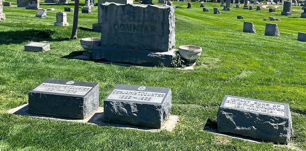 Headstones in Elmwood Cemetery, Brighton, Color. honoring Marguerite "Daisy," Ben & two infant sons. Son, Major Benjamin Frink Counter, who was a Bronze Star recipient and past president of Fort Lupton Canning, is buried at Hillside Cemetery in Fort Lupton. Daughter, Ruth Elaine (Counter) Dammann died in Pueblo, where she was a teacher and principal; and daughter Helen Marguerite (Counter) Shull, a researcher, is buried with her husband, Lt. Colonel Lewis Shull, in Arlington Cemetery. Photo by the author.