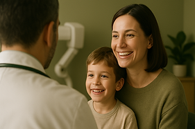 Mãe e filho sorrindo durante consulta com o médico Dr. Daniel Sucupira em ambiente acolhedor, representando confiança e cuidado na uropediatria em Fortaleza.