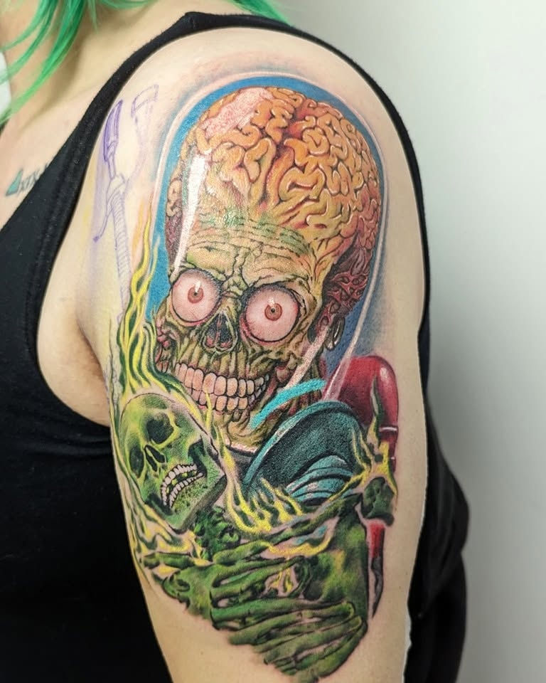 Colour Mars Attacks alien portrait tattoo by Abbie Cadaverous at Studio28, angle 1