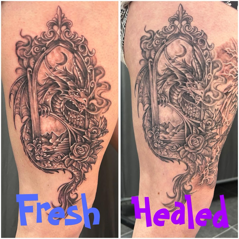 Dragon tattoo in ornate mirror frame with roses, angle 2, by Hayley Crystal Ink at Studio28