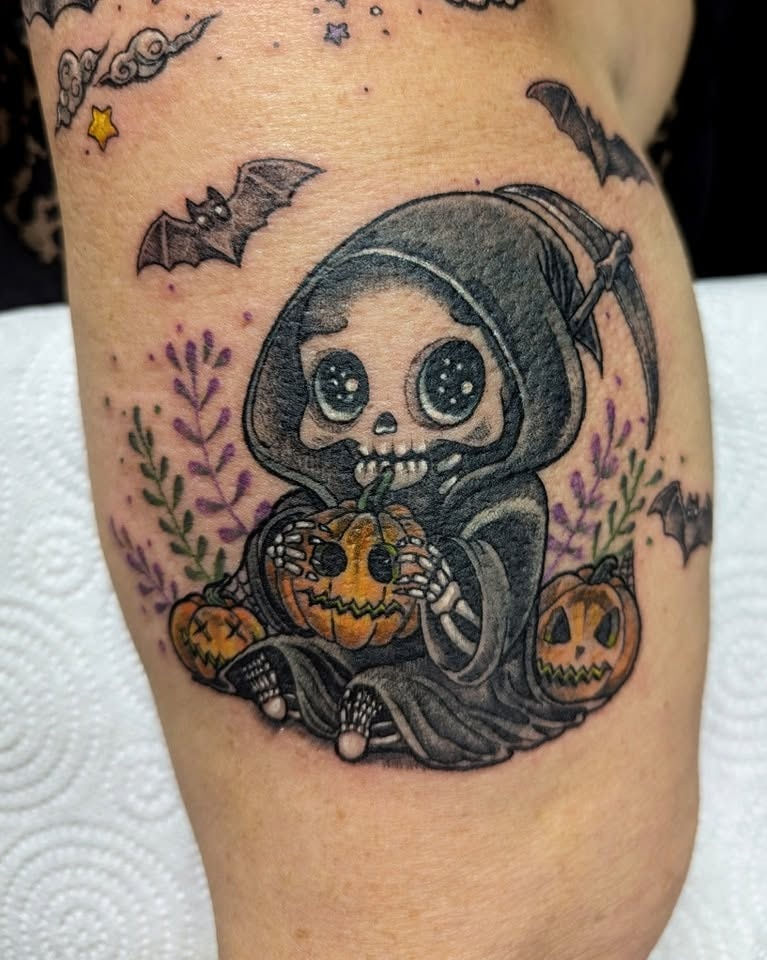 Colour baby reaper tattoo with pumpkins and bats by Abbie Cadaverous at Studio28