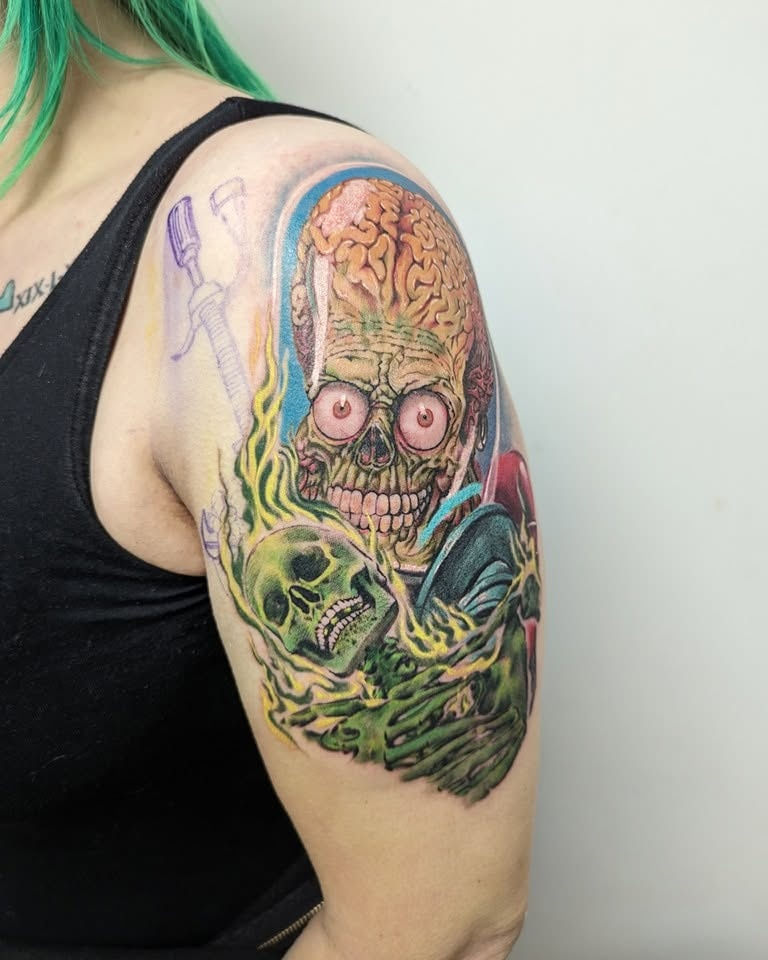 Colour Mars Attacks alien portrait tattoo by Abbie Cadaverous at Studio28, angle 2