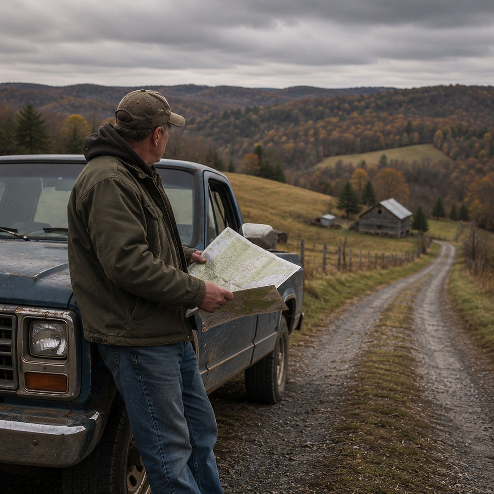 Man with map by truck near property in Western Maryland .