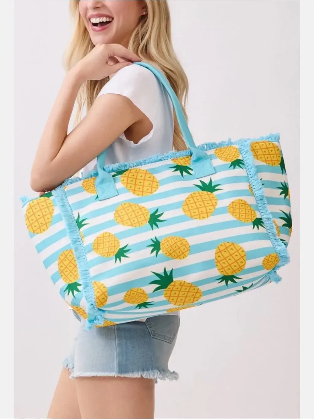 Pineapple punch blue fringe striped tote beach travel bag 🍍🍍🍍