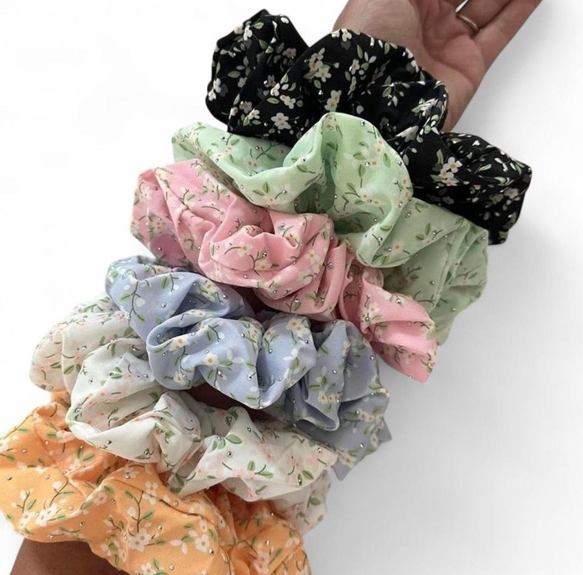 Jumbo 6" floral and rhinestone scrunchies