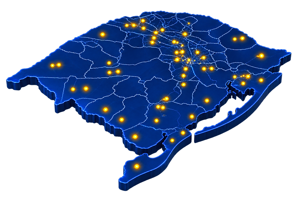 Mapa do Brasil com pontos marcados representando a atuação em diferentes regiões do país
